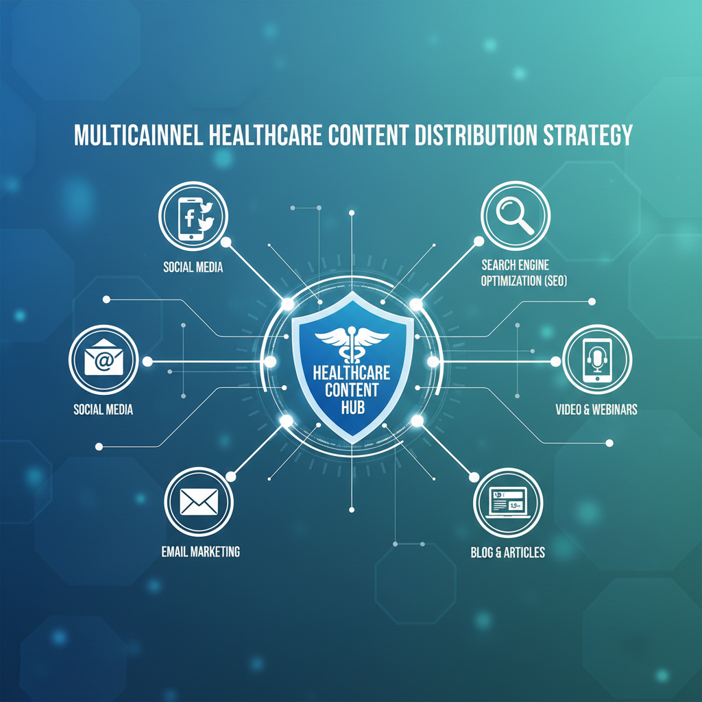 Healthcare content distribution strategy showing multiple channels including social media, email, and search