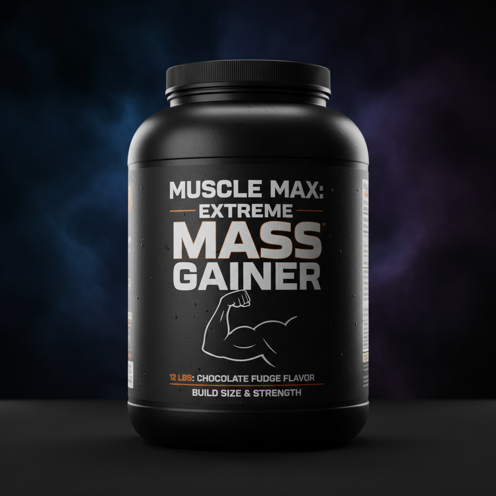 Large black mass gainer supplement container on gym floor with barbell in background, low key lighting