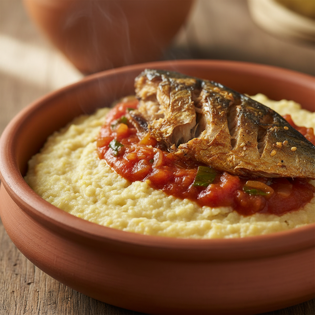 Djenkoumé corn porridge in deep terracotta bowl with smoked fish and tomato sauce