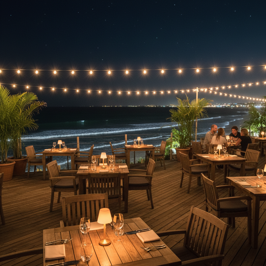 Outdoor restaurant terrace with river view and warm evening lighting in Victoria Falls
