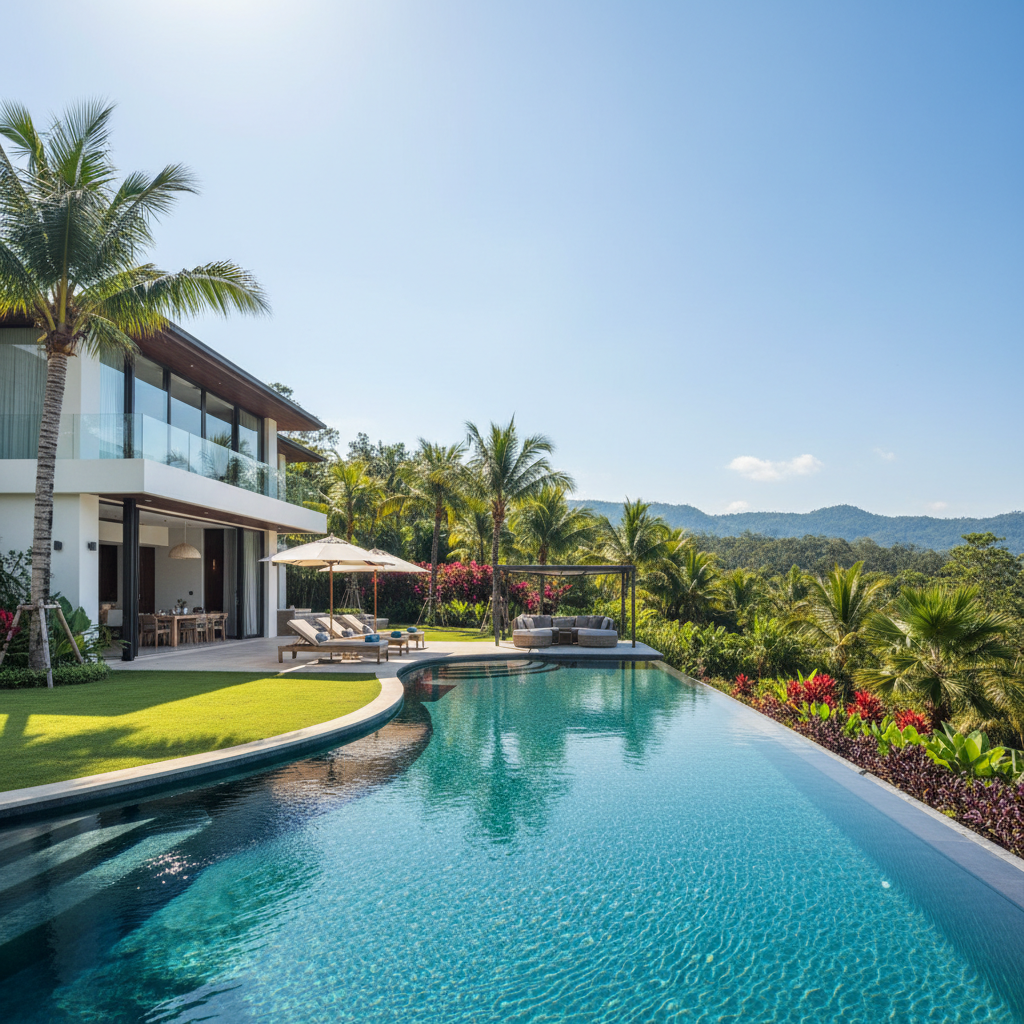 Luxurious tropical villa with infinity pool overlooking lush jungle and distant ocean