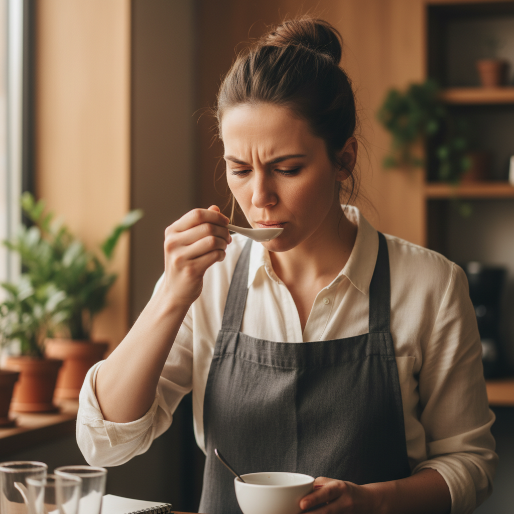 Chef tasting from a wooden spoon over a simmering pot, eyes focused downward, apron knotted tight