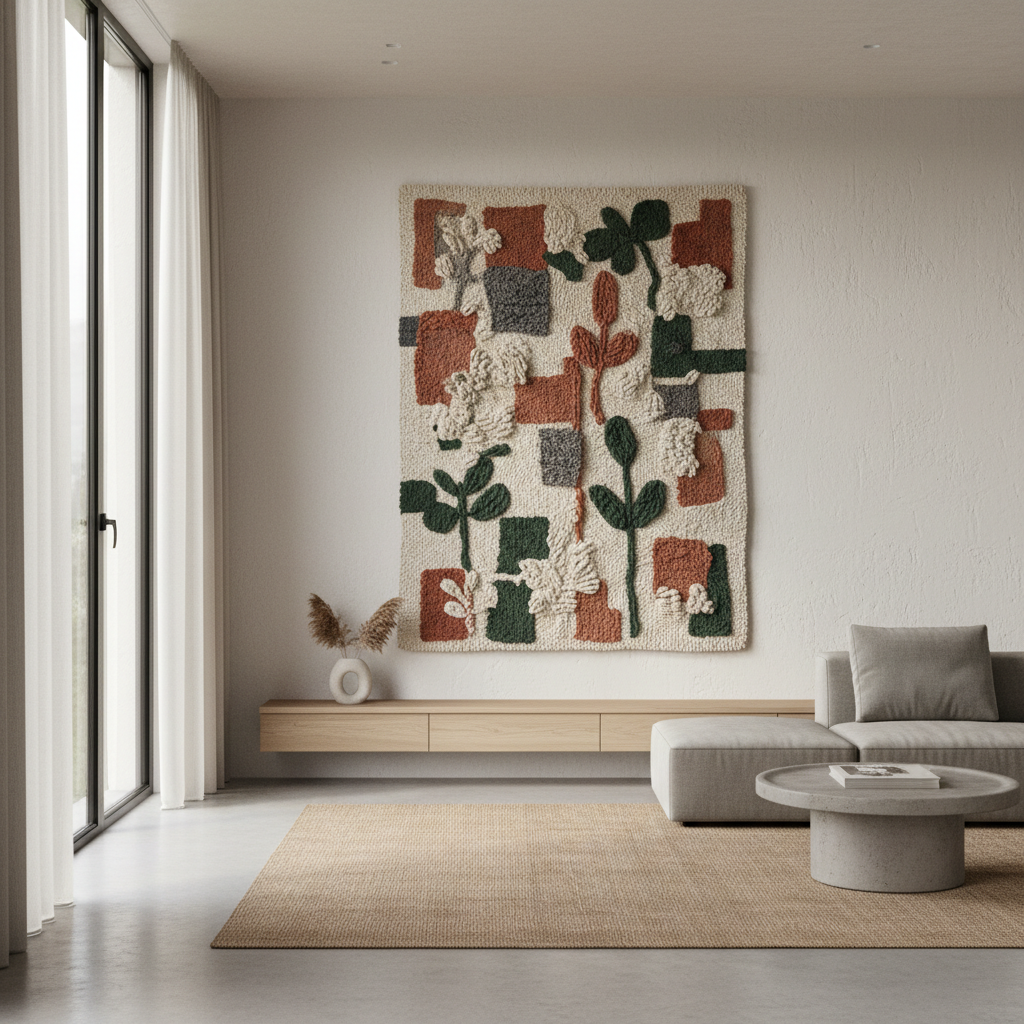 Woven tapestry as focal point in minimalist private residence living room