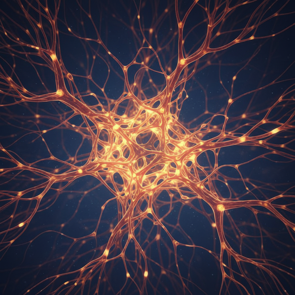 Artificial intelligence neural network visualization with glowing blue and orange connections