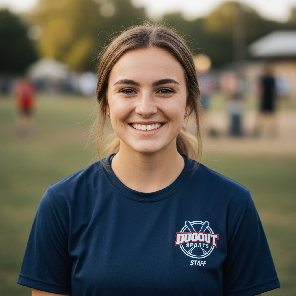 Young woman with warm smile wearing a Dugout Sports staff shirt