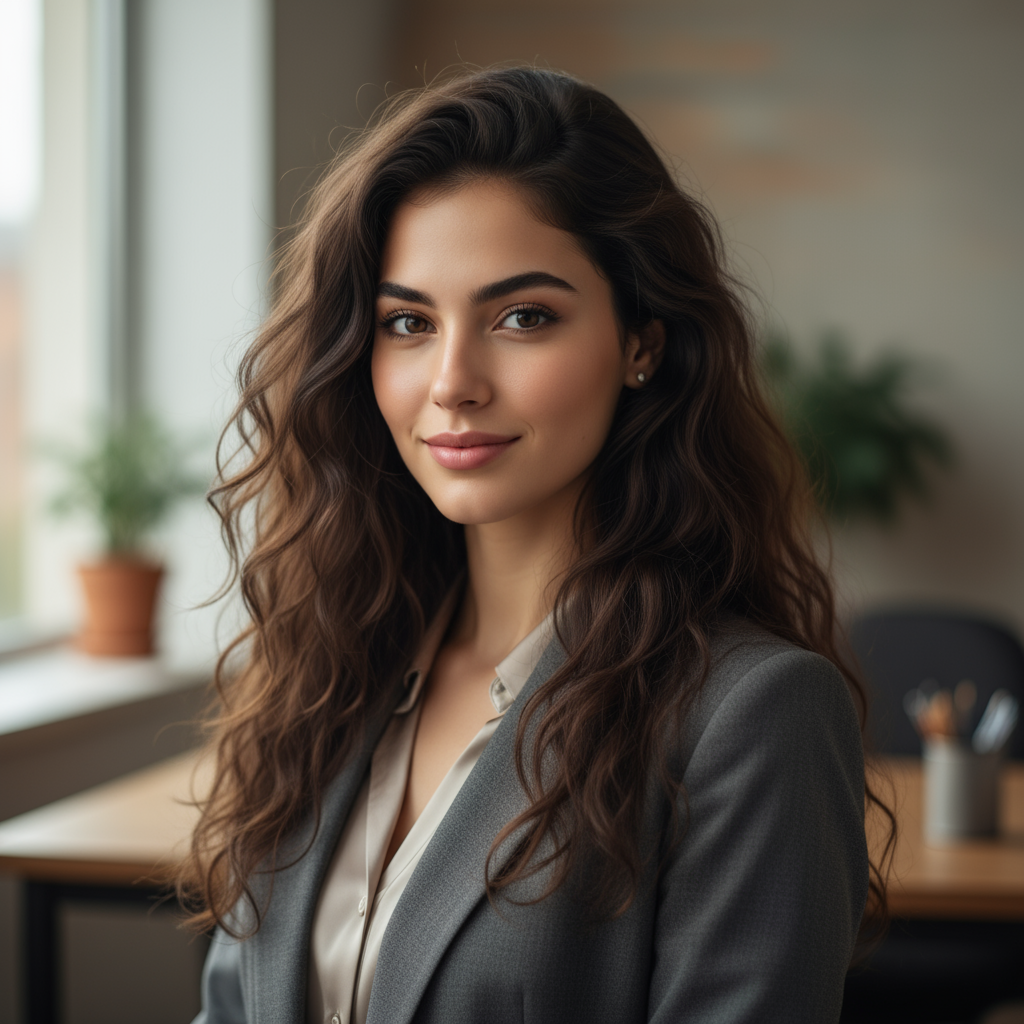 Young Algerian woman with dark hair smiling, professional creator portrait