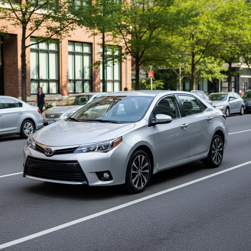 Silver Toyota Corolla sedan parked in clean suburban area, bright daylight