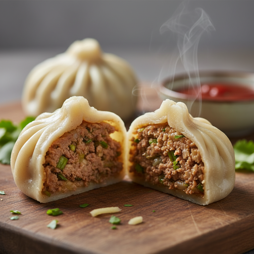 Single momo in cross-section close-up, showing the juicy filling and thin hand-pinched pleated wrapper