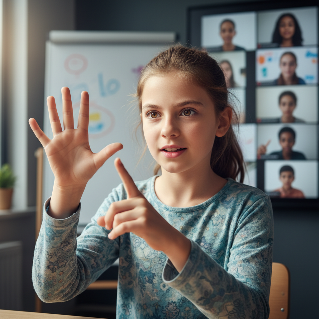 A ten-year-old mid-rebuttal in a Podium class, eyes bright, counting points on her fingers while classmates watch in Zoom tiles