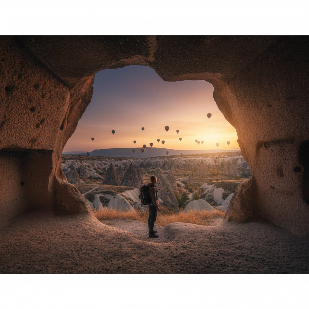 Solo traveler standing at the mouth of a Cappadocian cave dwelling, hot-air balloons drifting in a violet-gold dawn sky above their silhouette