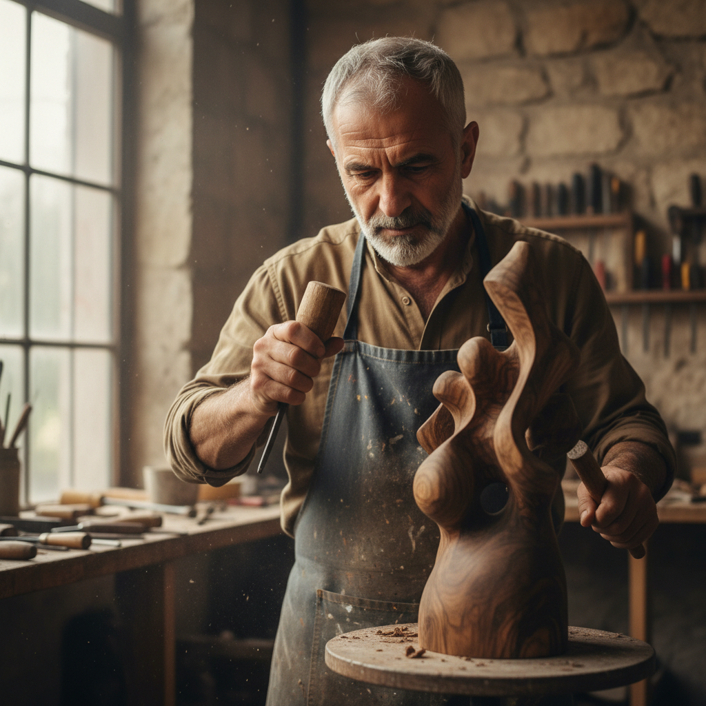 David Osei-Mensah, sculptor with grey beard in studio