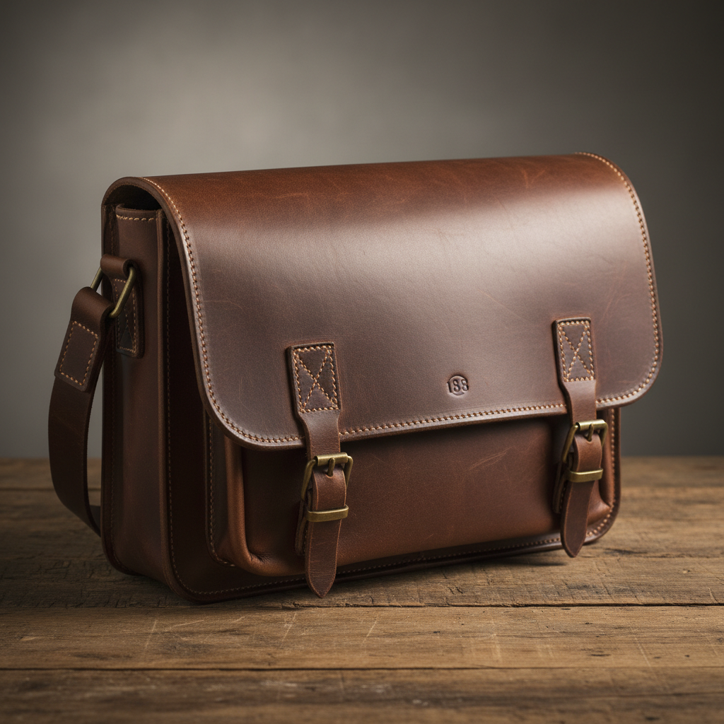 Dark brown leather messenger bag with brass buckles and adjustable strap, photographed on wooden workshop bench