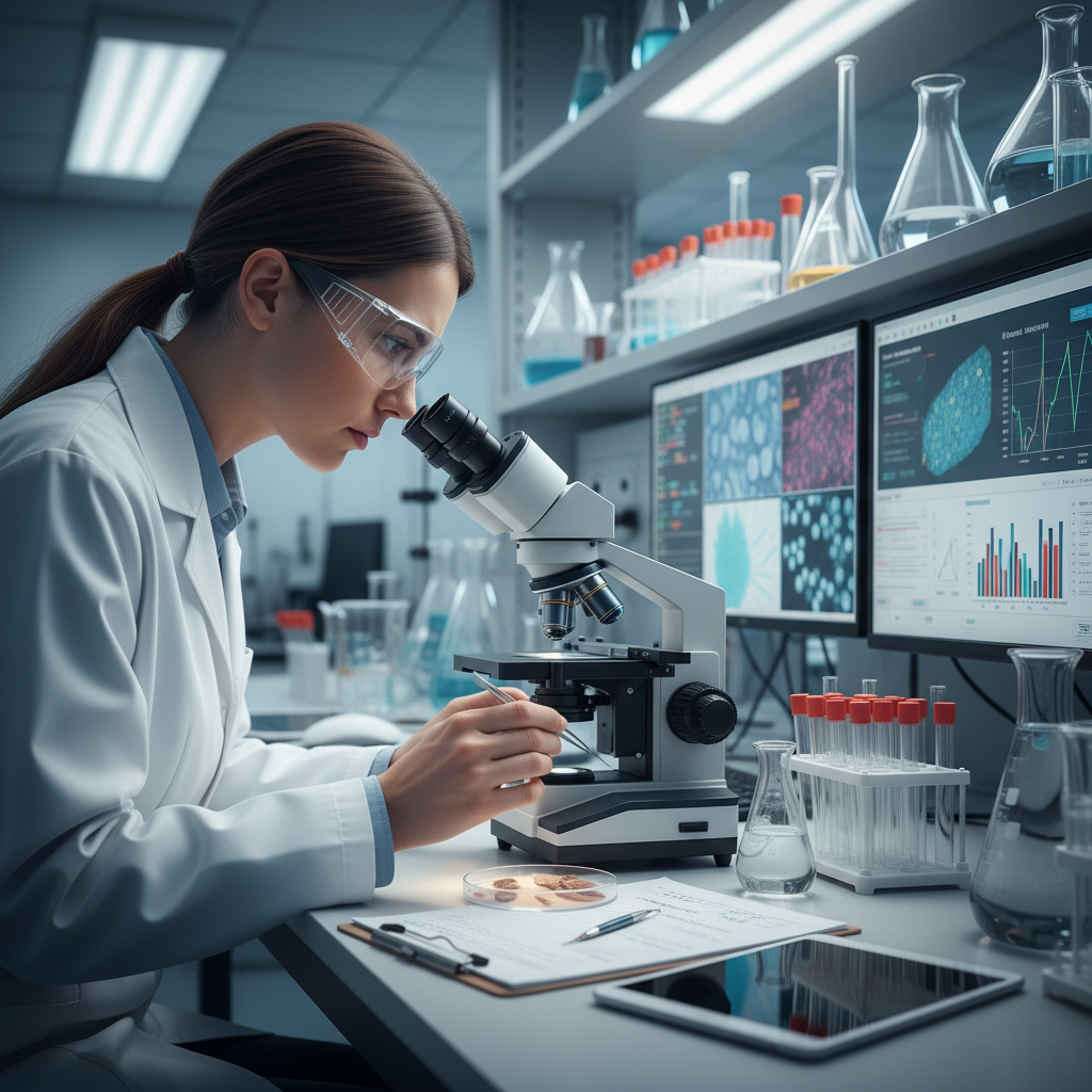 Medical researcher in laboratory examining samples under microscope