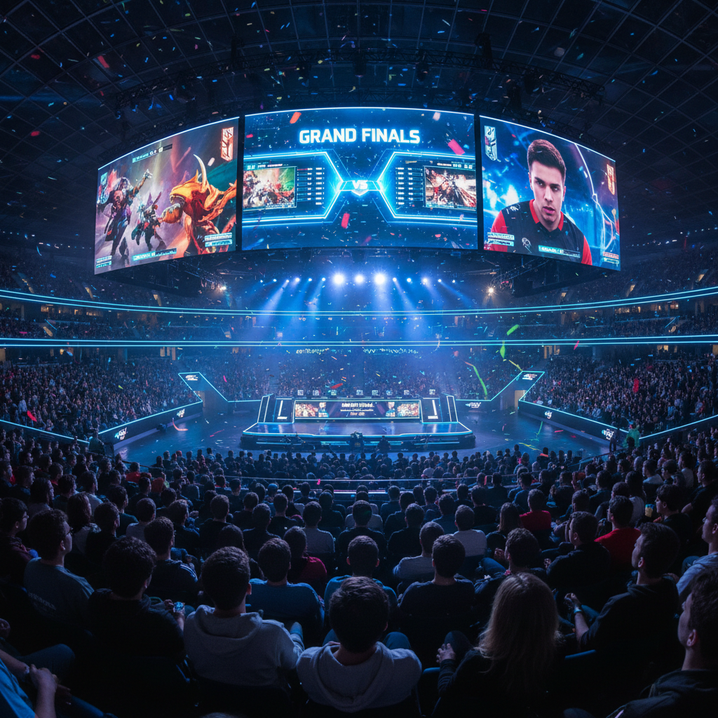 Giant 4K projector wall displaying tournament matches to the audience in the main arena viewing area