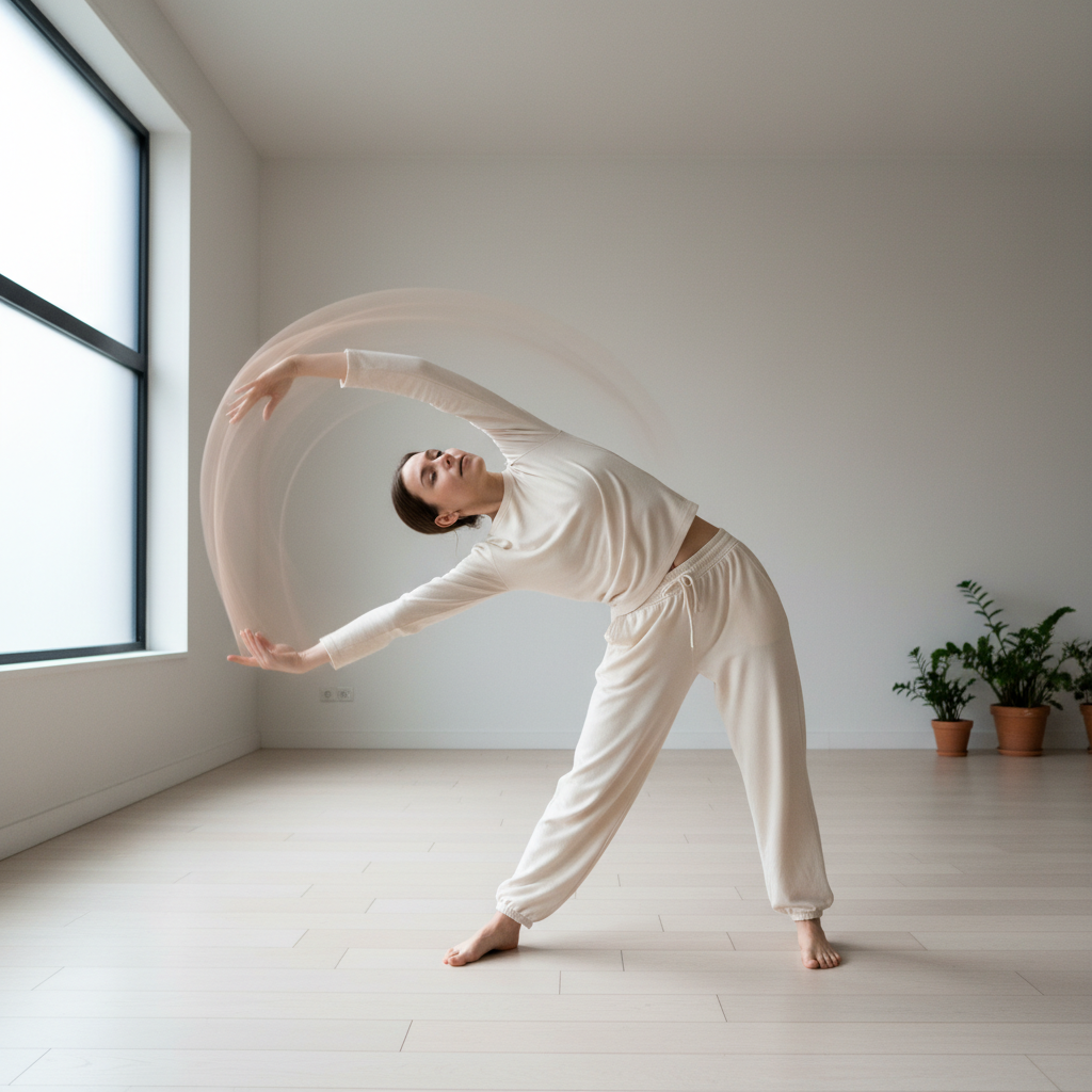 Person stretching in sunlit room, movement and light, peaceful energy