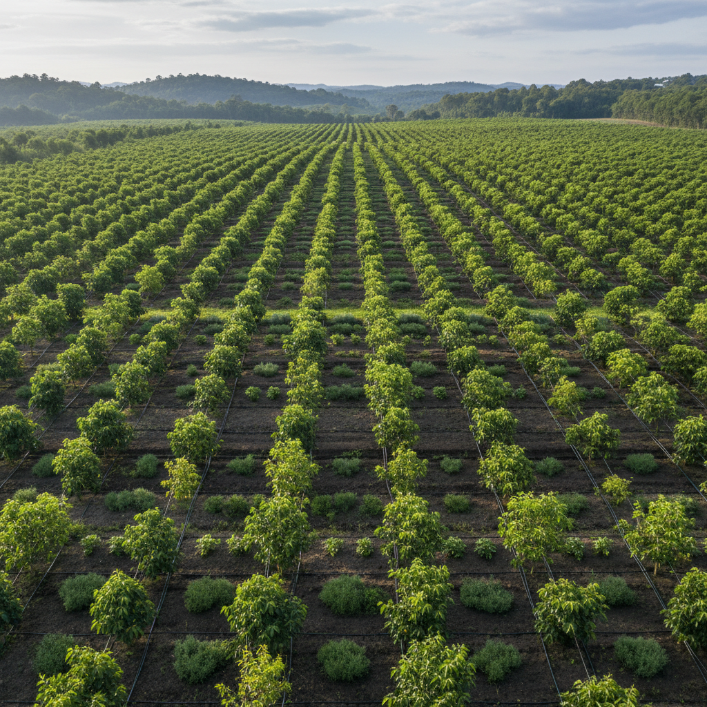Tree plantation with organized rows of trees planted in systematic lines, sustainable forestry in Kenya