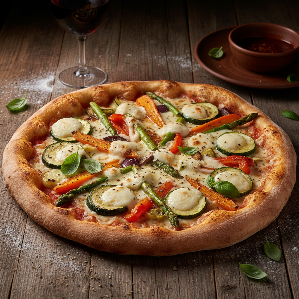 Wood-fired pizza with fresh vegetables and melted mozzarella cheese on a wooden board