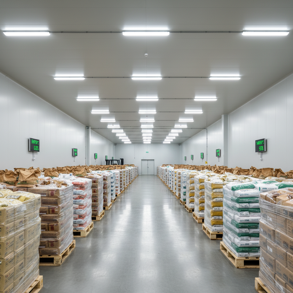 Large warehouse with organized pallets of agricultural products ready for international shipping