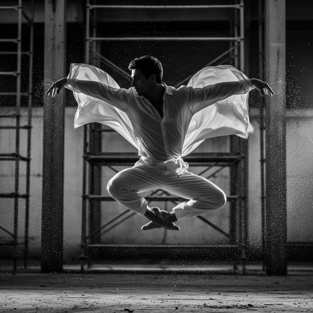 Dancer mid-turn captured in sharp motion with high contrast black and white tones