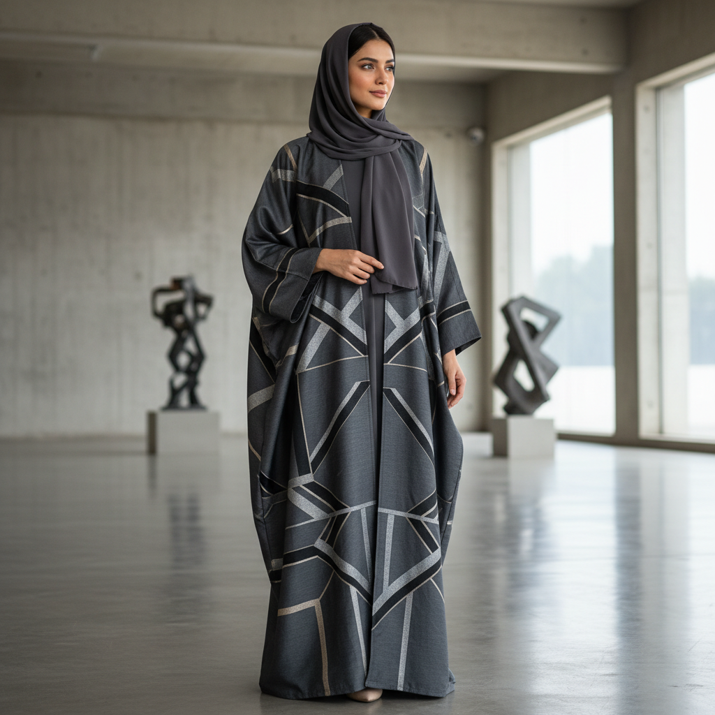 Elegant abaya collection displayed in bright minimalist studio, cream and charcoal tones