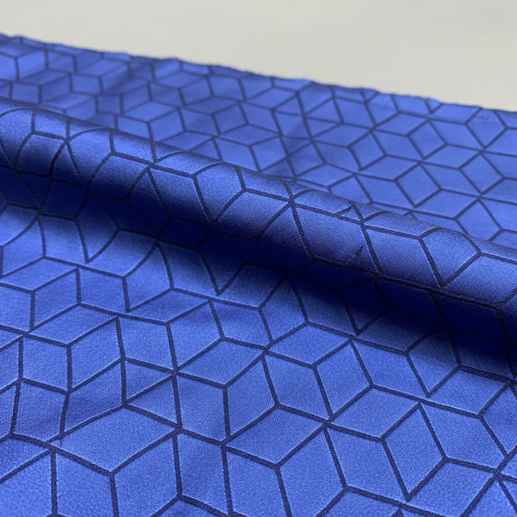 Deep indigo geometric tessellation pattern on silk swatch