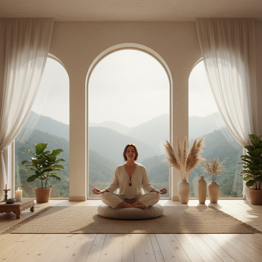 Mujer meditando en postura serena frente a ventana con luz de amanecer, ambiente de paz y renovación interior