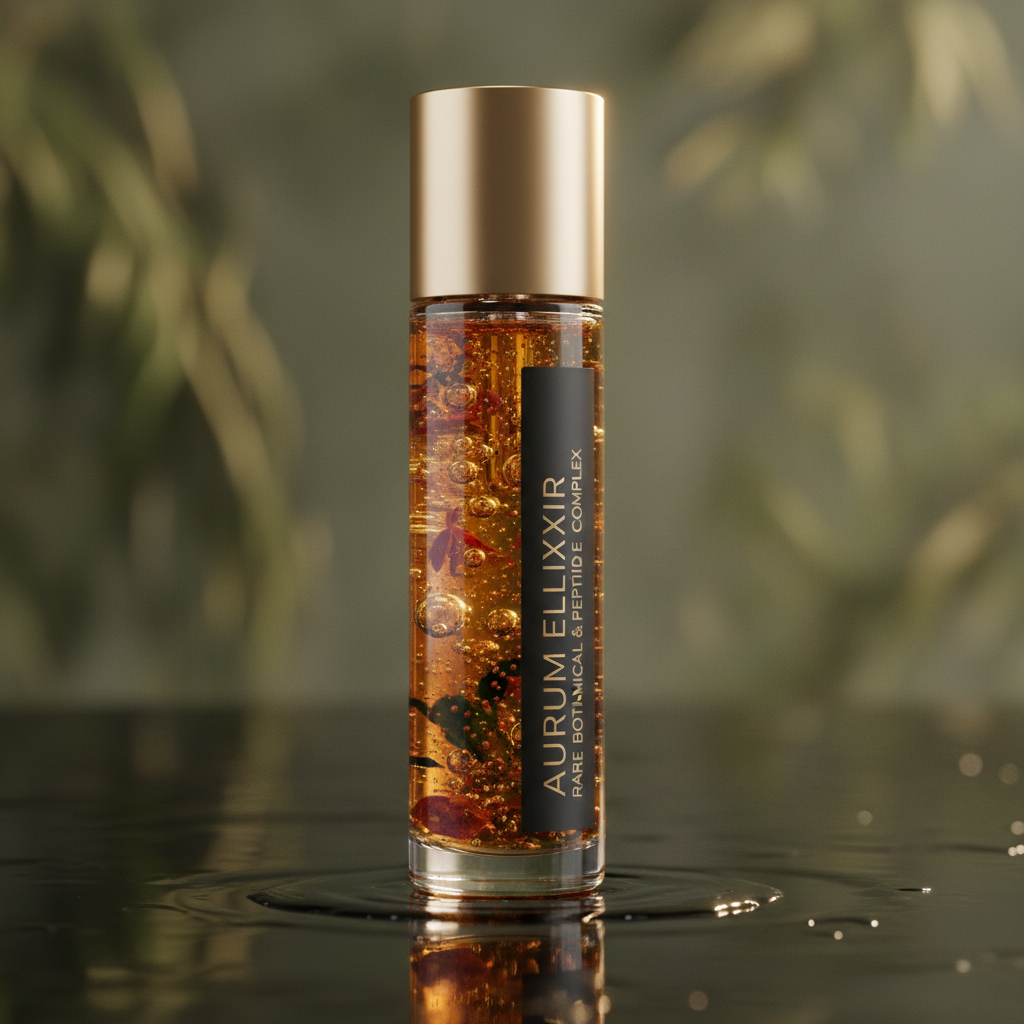 Luxury skincare toner bottle on dark surface, moody atmospheric studio lighting, gold label