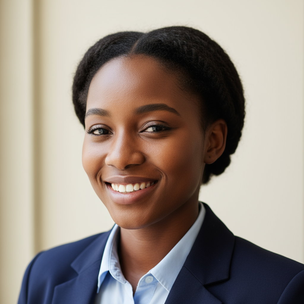 Young African woman smiling in professional attire, dark background