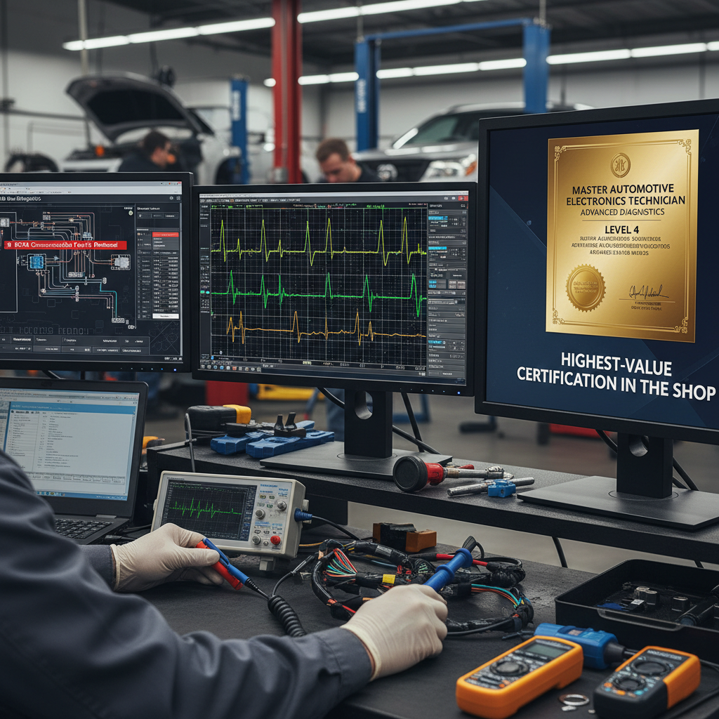 ASE A6 — Electrical/Electronic course thumbnail showing automotive repair work