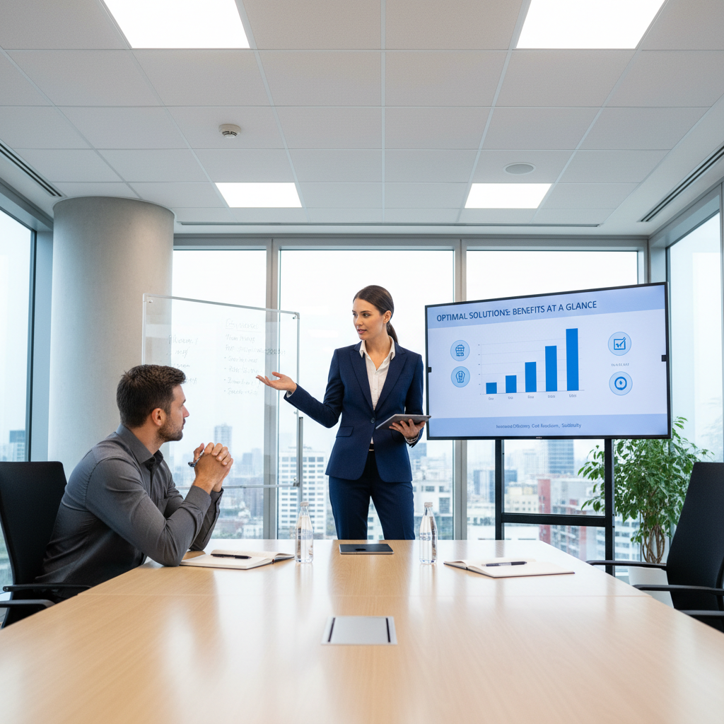 Professional IT consultant presenting technology solution to business client in meeting room