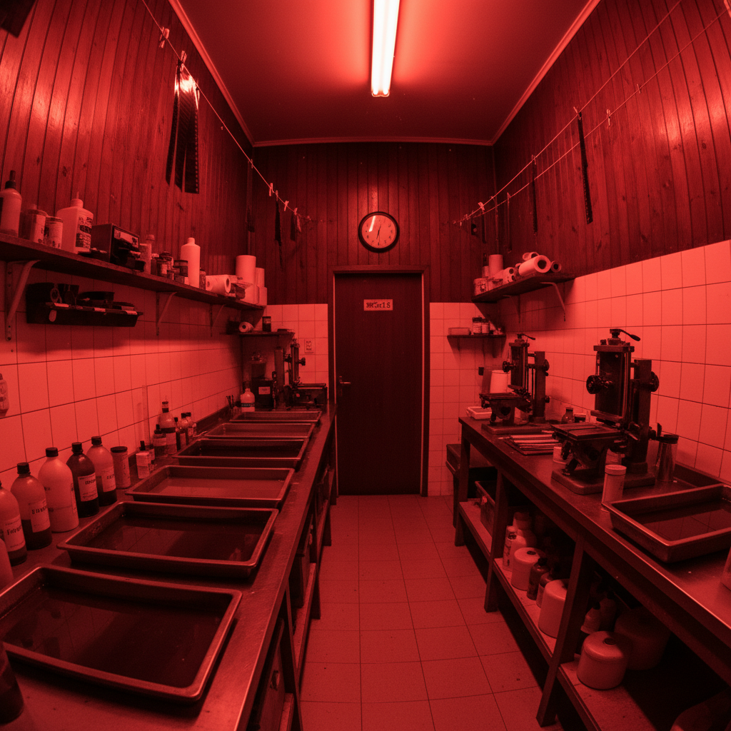 Traditional film darkroom with red safelight and developing trays