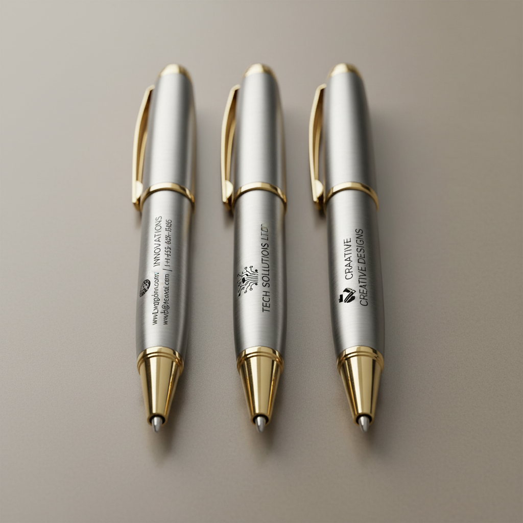 Three branded ballpoint pens in sleek gift box on white background