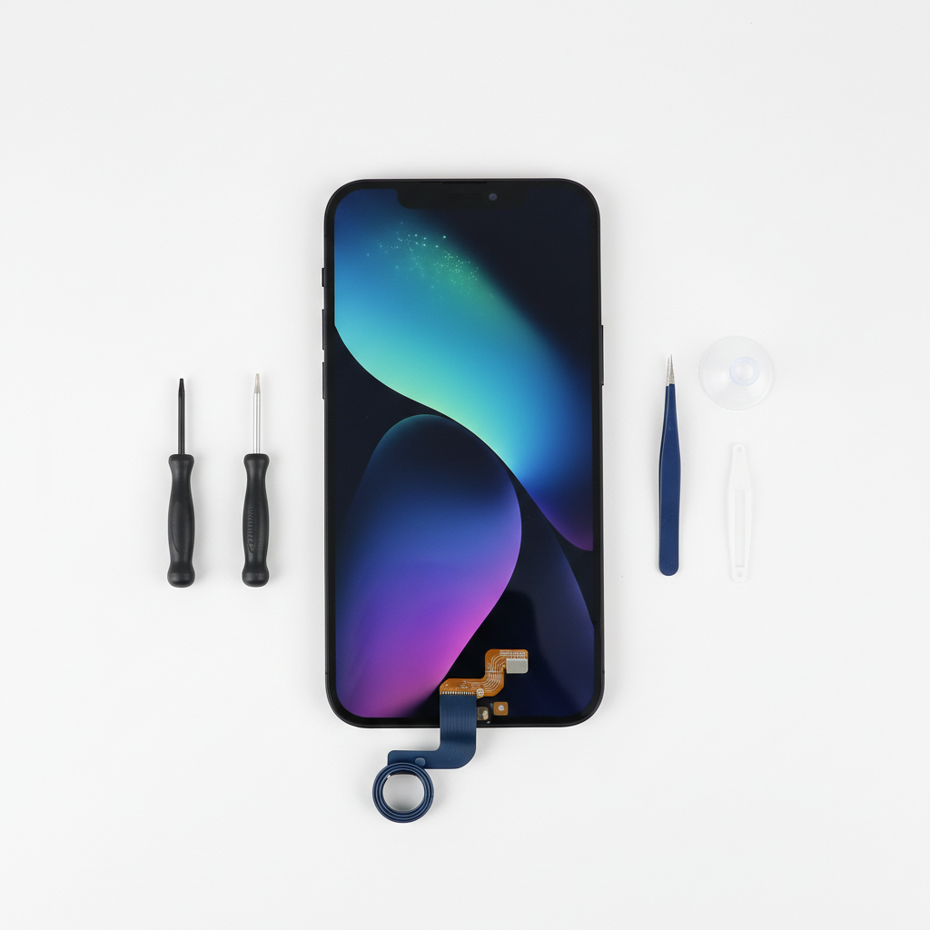 OLED replacement screen for iPhone on dark repair workbench