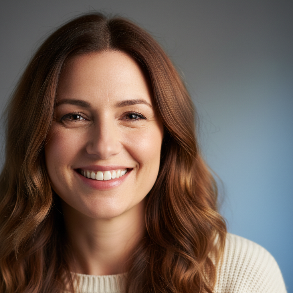 Woman in her mid-thirties smiling with visible relief, softly lit portrait against slate-to-sky gradient