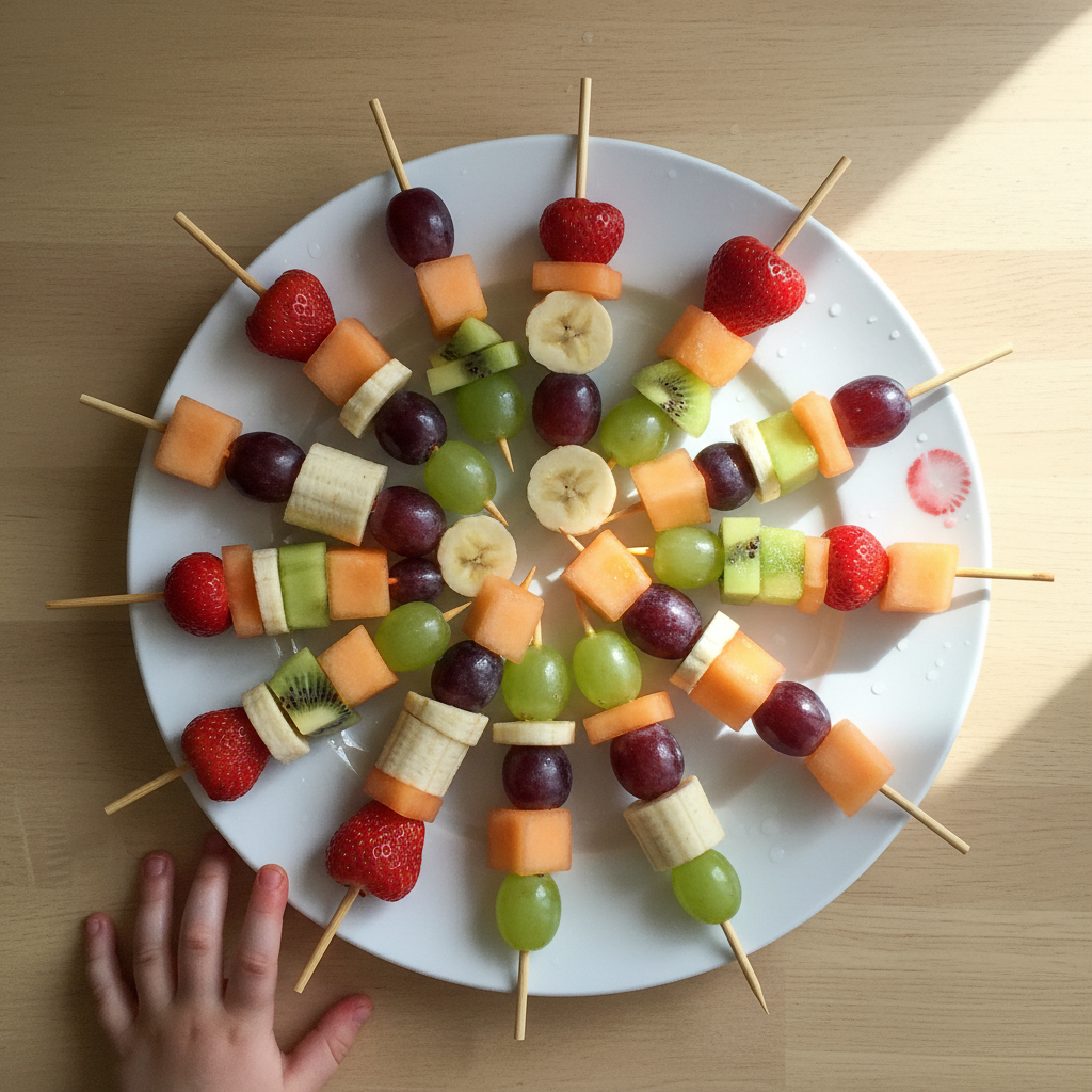 Tall colorful fruit kabob skewers arranged on a white plate, assembled by a young child
