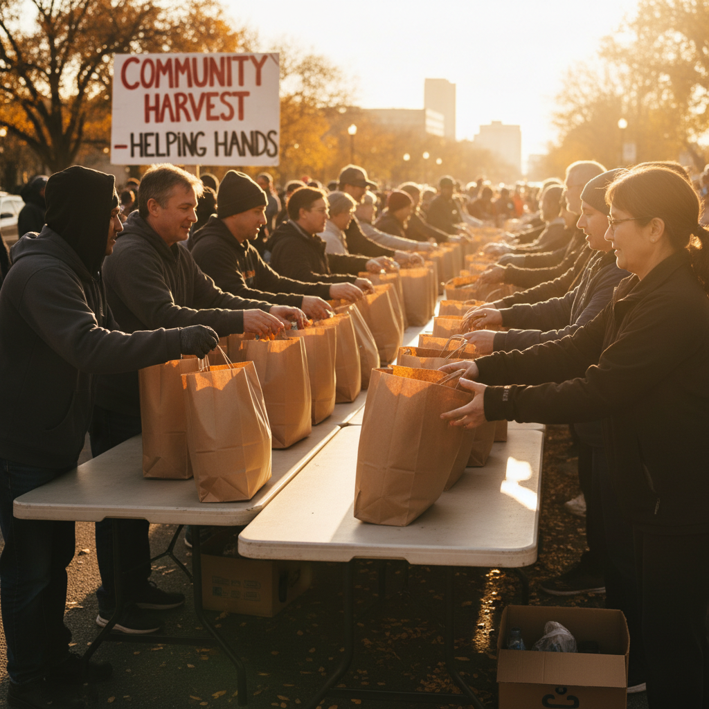 Volunteers passing brown paper bags across a folding table to neighbors at a food distribution event, hands in mid-exchange at golden hour