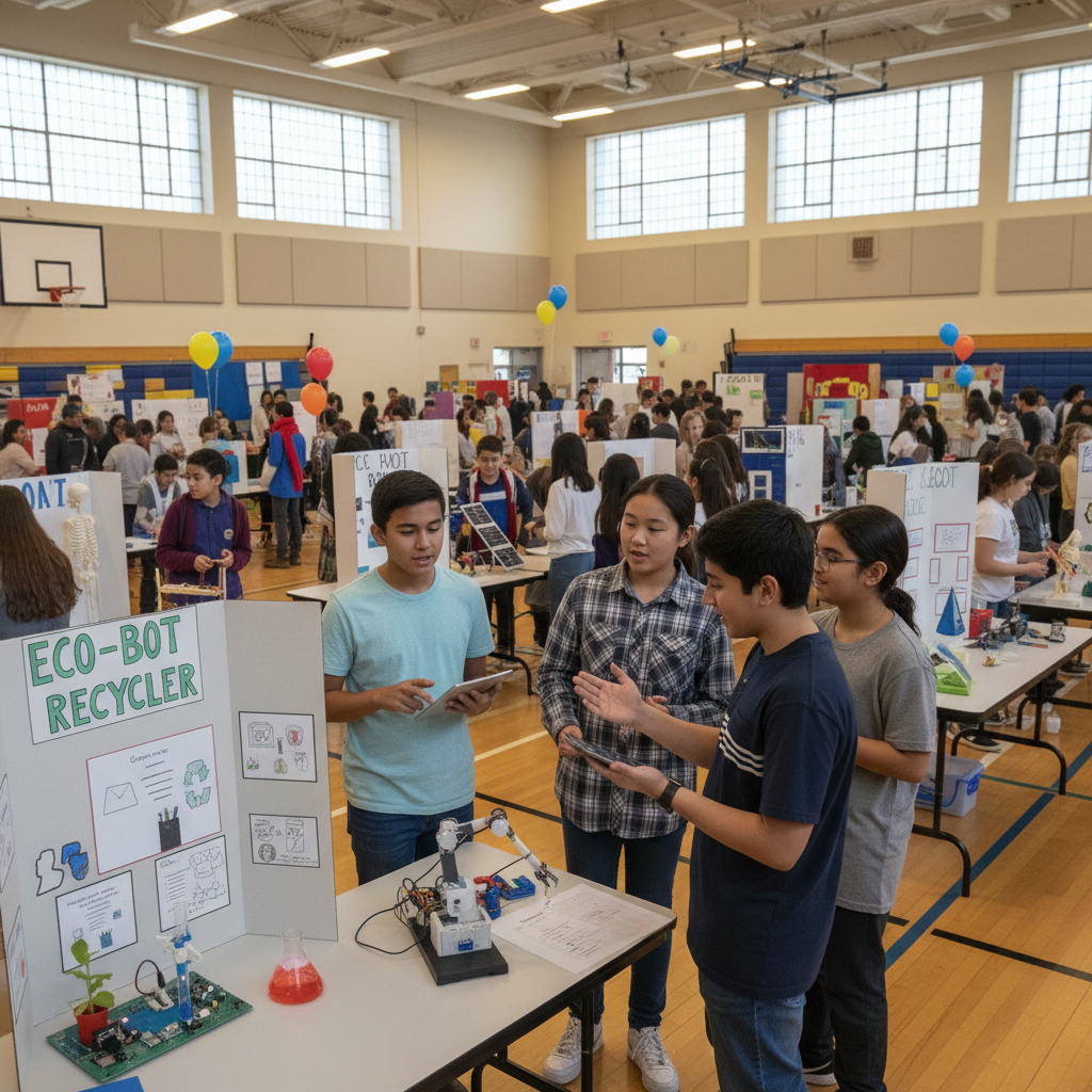 High school students presenting science projects to judges at regional science fair