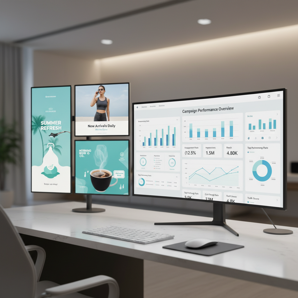 Digital marketing analytics dashboard showing charts and social media campaign performance metrics
