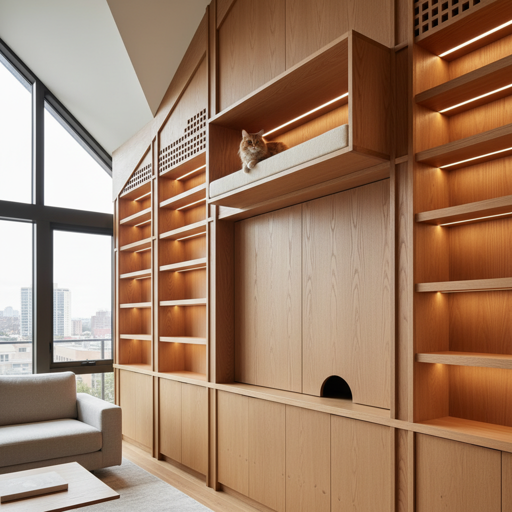 Built-in cat perch integrated into architectural millwork near ceiling