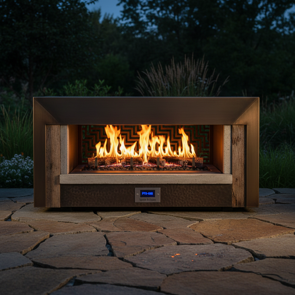 Outdoor stone firepit terrace with stacked ledgestone surround and flagstone patio at dusk