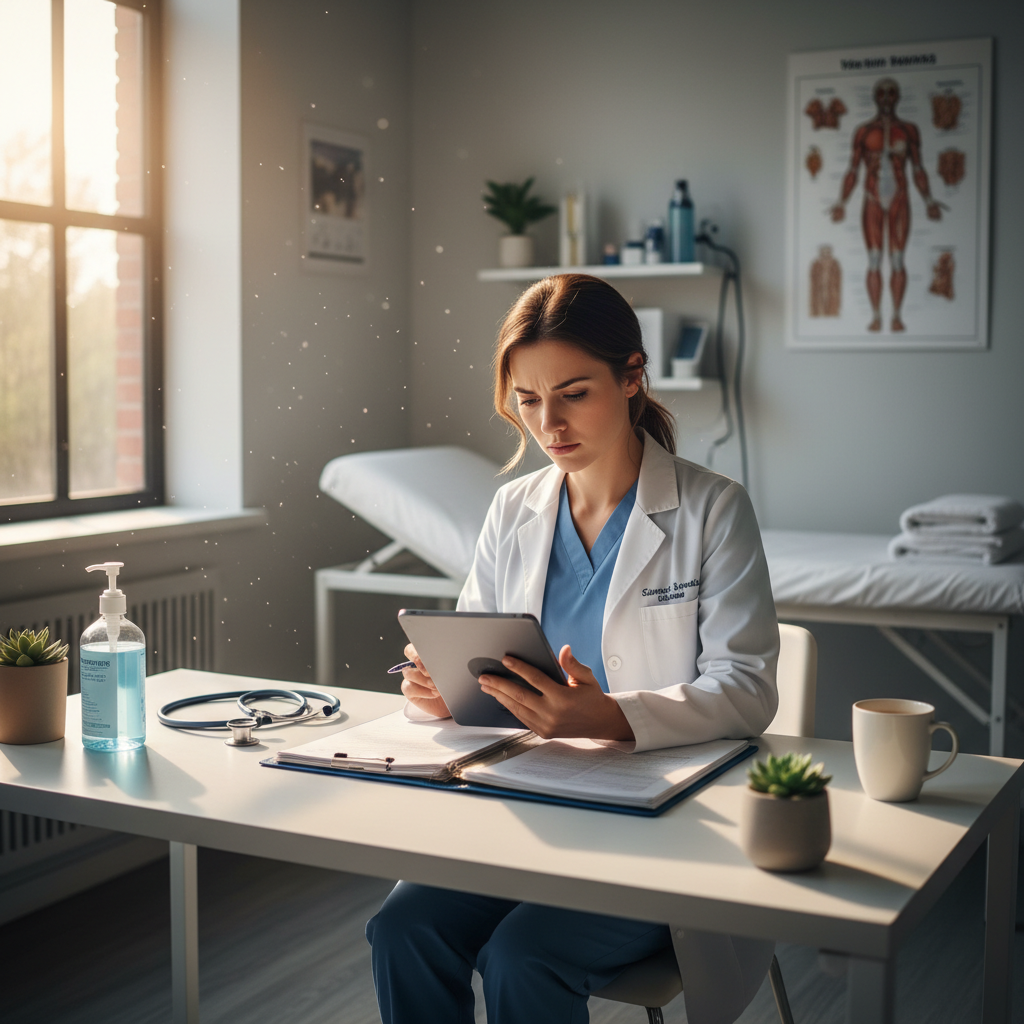 Nurse practitioner reviewing patient chart at a rural clinic desk with natural light coming through the window