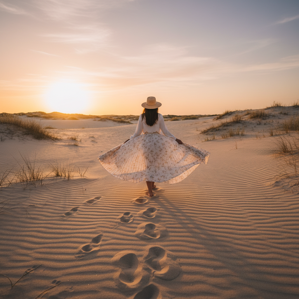 Woman walking on a sandy path in a flowing skirt, golden hour light casting long warm shadows