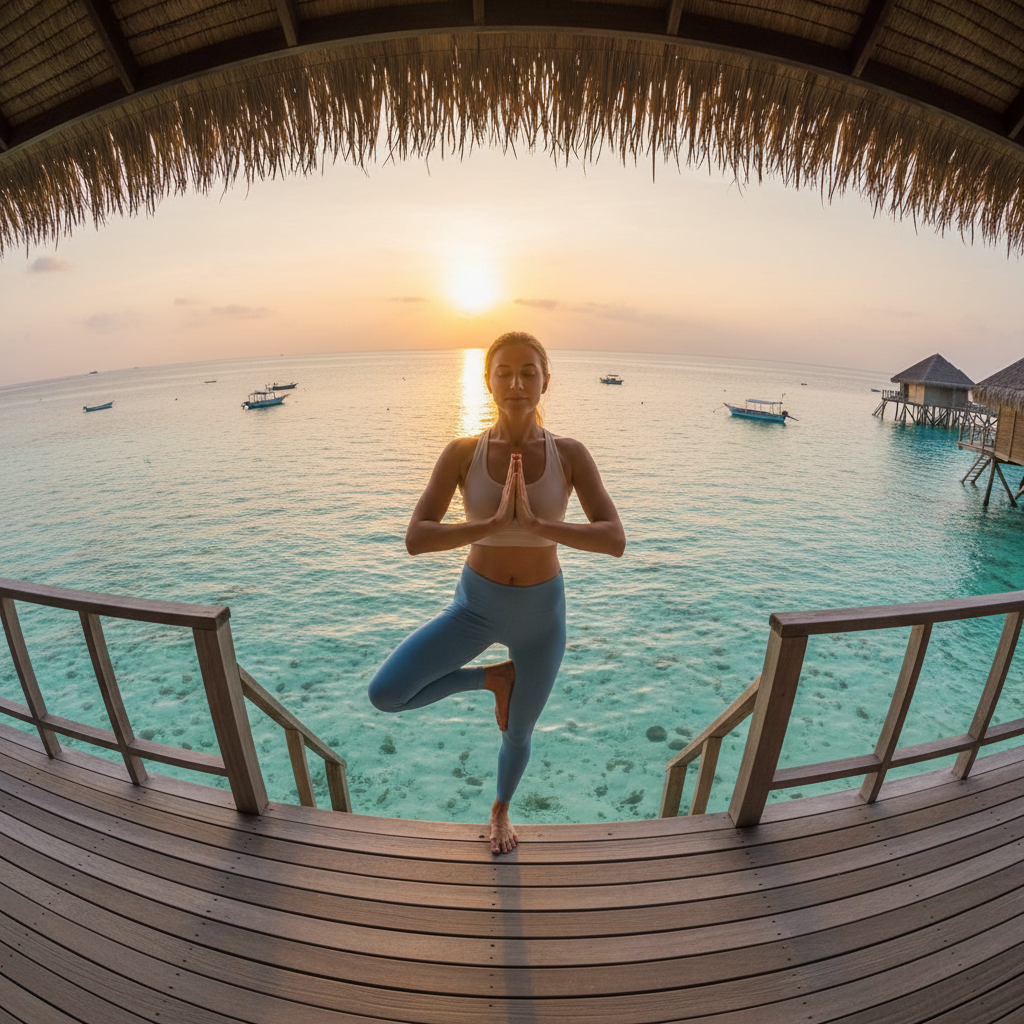 Woman in yoga pose on overwater wooden deck at sunrise, calm turquoise ocean surrounding the platform, golden light reflecting on water