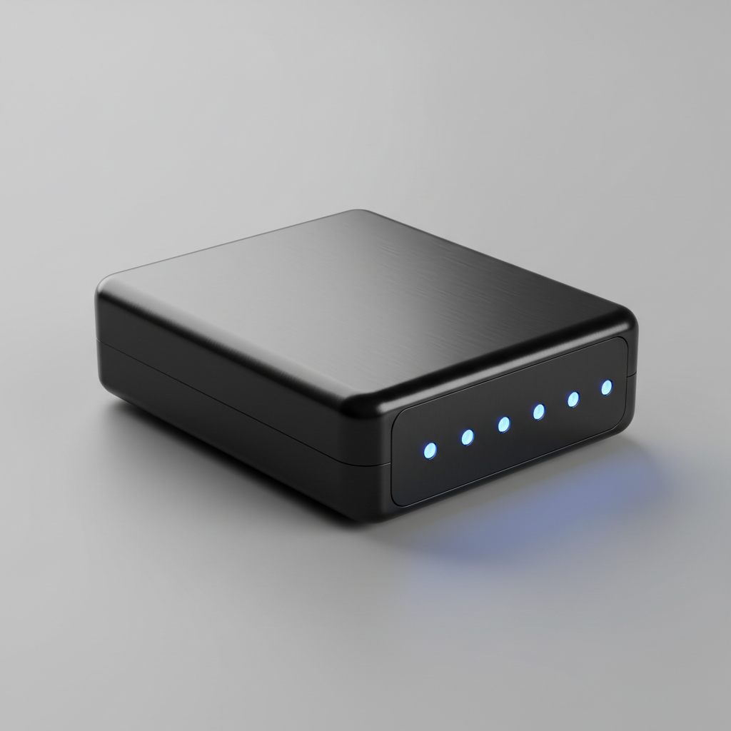 Slim black power bank on dark surface, minimal design