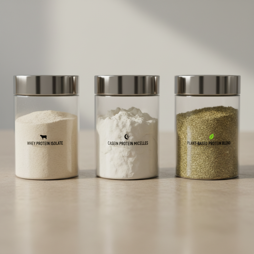 Premium whey protein powder displayed showing different types and quality grades