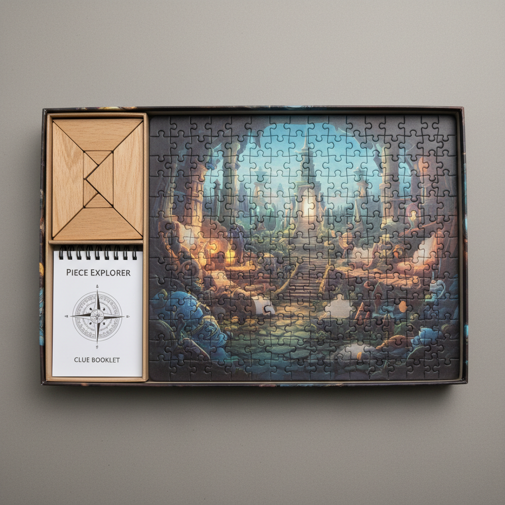 Piece Explorer box with 1000-piece puzzle, wooden tangram and clue booklet