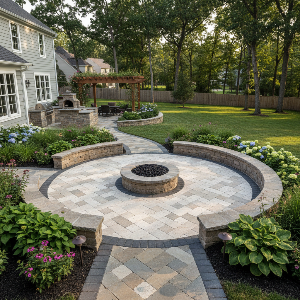 Beautiful backyard outdoor living space with pergola, stamped concrete patio, outdoor kitchen, and lush professional landscaping
