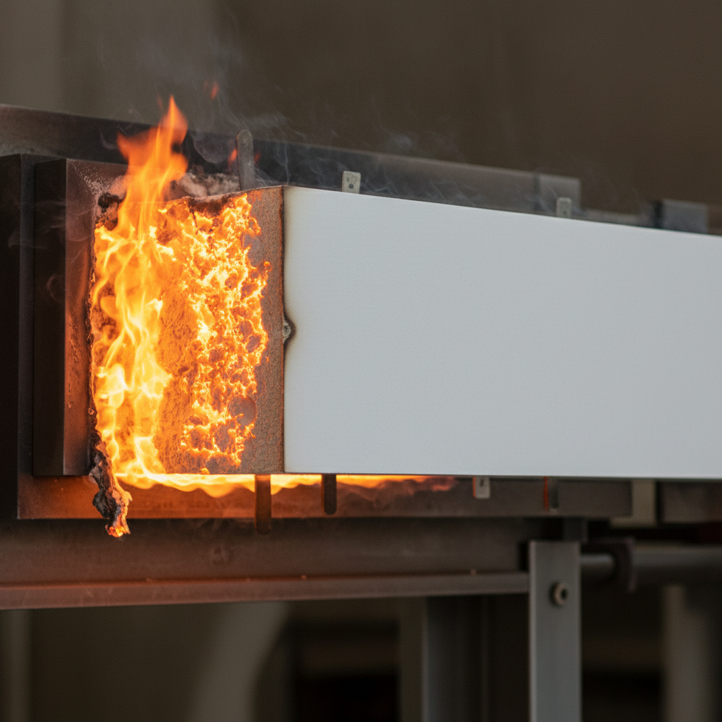 Cross-section of Type X gypsum board mid fire test, exposed core glowing orange at burn edge while unexposed face remains chalk-white and intact