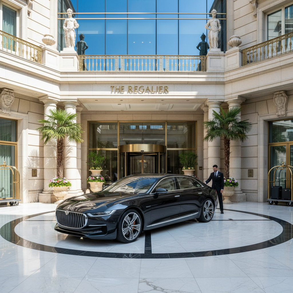 Luxury hotel entrance with a car parked outside ready for guest pickup and drop-off