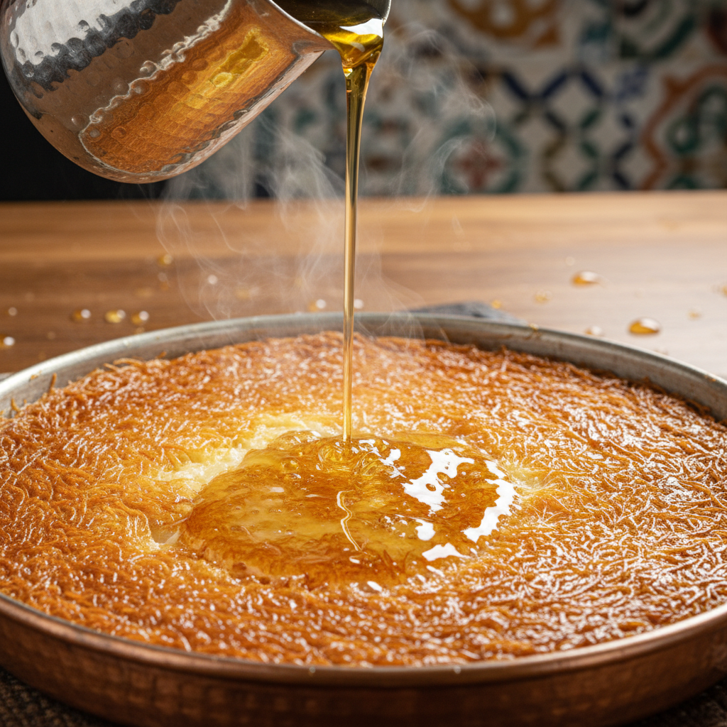 Kunefe in a copper pan hitting hot syrup with a sizzle